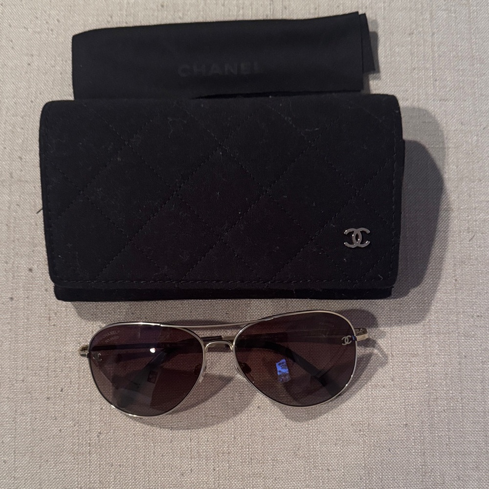 CHANEL Black Quilted Case with Gold-Tone Aviator Sunglasses